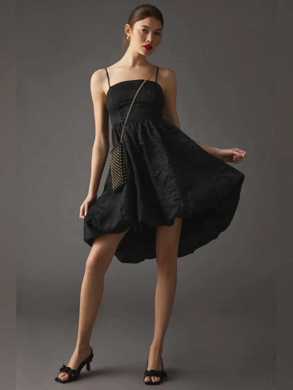 Anthropologie Black Jacquard Bubble Dress 16W Spaghetti Strap Party Cocktail - Picture 6 of 12